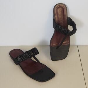 Staud Ava Leather Sandals Black Women's Size 39 UK 9 US T-Strap Ruched